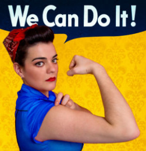 Young woman posing as working girl like the original poster of Rosie the Riveter